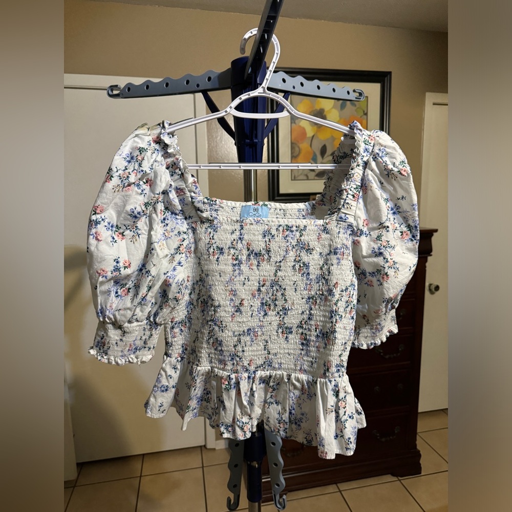CeCe White and Blue Smocked Ruffled Peplum Blouse